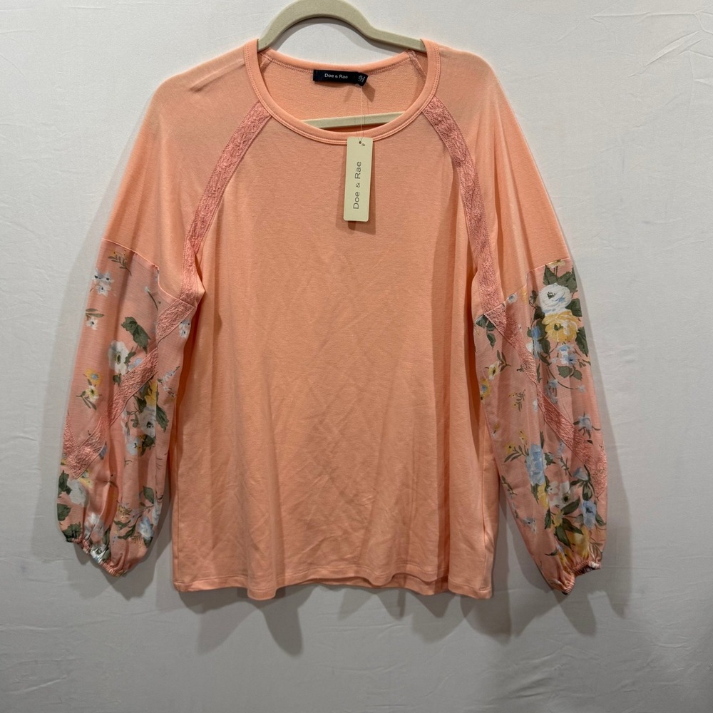 Doe & Rae Peach Floral Contrast Raglan Lace‎ Trim Top 1XL 41144TPL NWT
